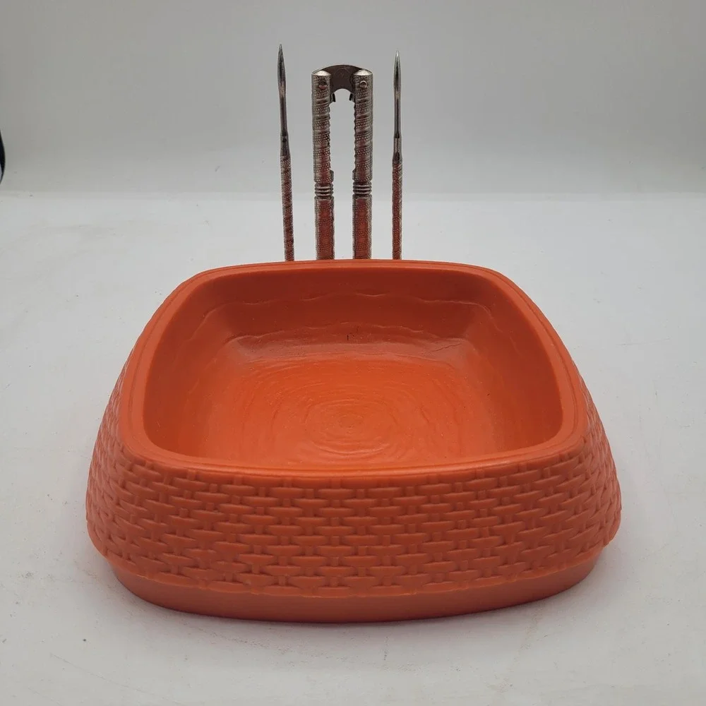 Vintage H.M. Quackenbush Burnt Orange Plastic Nut Bowl, Nutcracker &‎ Picks